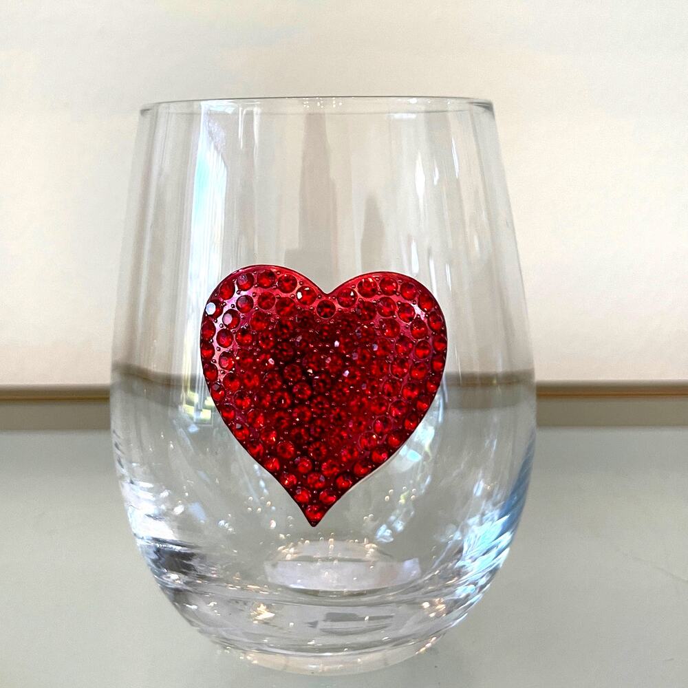 Valentines Day Jeweled RED HEART Stemless Wine Glass Chic Barware XO Love New